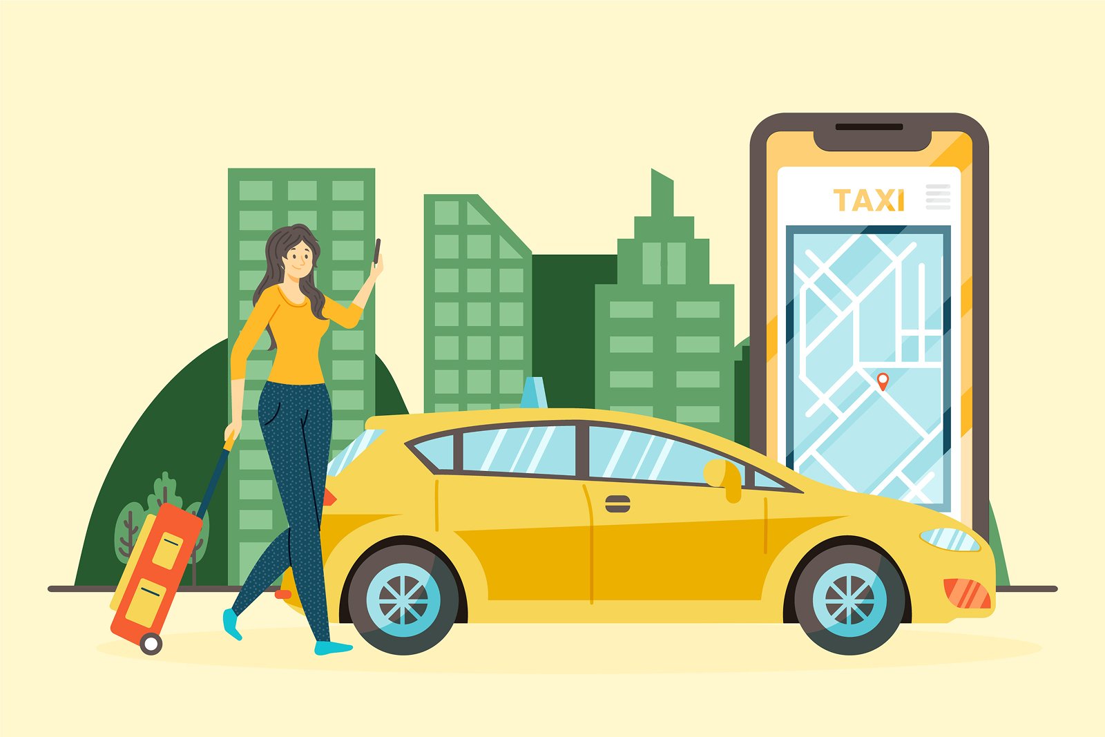 A woman with a suitcase hailing a yellow taxi cab in a city with tall buildings